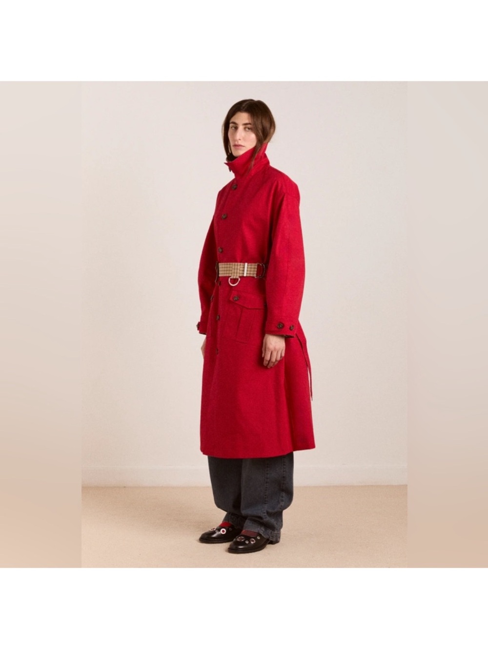 Damson Madder Reversible Red and Tan Check Women's Trench Coat oversized - Picture 4 of 16